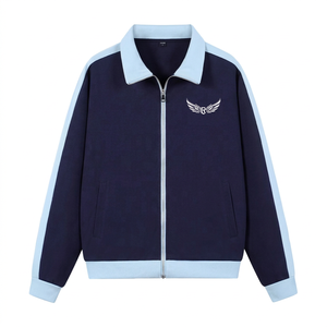 Chaqueta Azul Marino para Hombre con Ribete Azul Claro, Logotipo de Alas Bordado, Cierre de Cremallera, Ropa Deportiva Informal para Otoño - Product Image 1