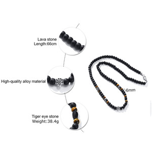Collier pour homme Surfer Men <span class=keywords><strong>Tribe</strong></span>, perles en pierre naturelle de lave volcanique noire mate de 6 mm, œil de tigre - Product Image 2