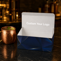 Boîte pliante rectangulaire plate bleu marine personnalisée avec impression géométrique dorée et couvercle blanc, emballage cadeau pour articles de bar CMYK