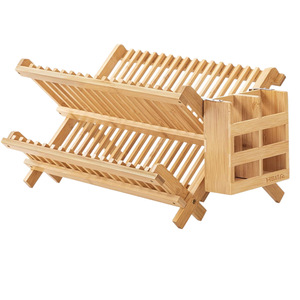 Escurridor de Platos de Bambú de Doble Capa, Plegable, para Cocina, con Espacio para Cuchillos, Tenedores y Utensilios - Product Image 5