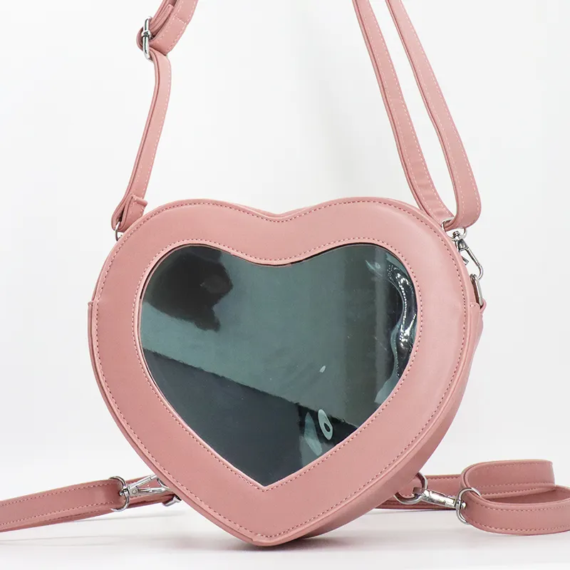 Heart Shape Red PU Leather One Shoulder Bag Girls Cross Body Purse Backpack with Real Mirror On Front