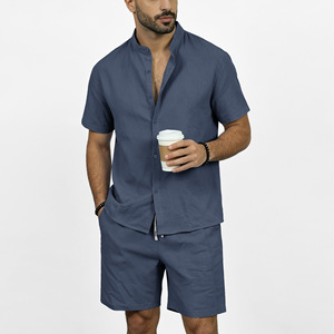 <b>Men</b> Linen <b>Shirt</b> Set Short Sleeve Henley Collar Solid Color Breathable Summer <b>Beach</b> Wear - Product Image 2