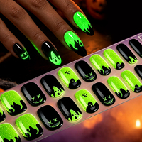 Enveloppes d'ongles en gel semi-durci non toxiques, personnalisées, à effet néon vert Halloween, motif visage de fantôme brodé et paillettes noires effet goutte, pour fête d'horreur