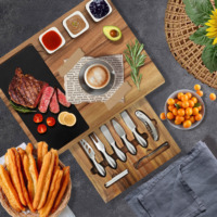 Hoogwaardig acacia houten snijplank set, groot houten charcuterie kaasplank met bestekset, 3 keramische schaaltjes, bamboe materiaal