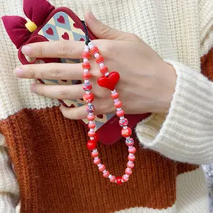 KKBEAD Fashion Acrylic Red Heart Chain Mobile Phone Case Stripe Beaded Mobile Phone Charm Hook Chain For Hand Wrist Grip