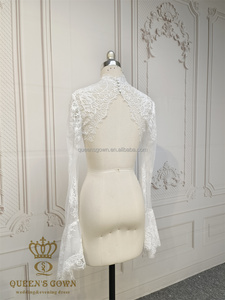 QUEENSGOWN Élégant Boléro de Mariée Amovible en Dentelle Chantilly Française <span class=keywords><strong>Ivoire</strong></span> à Manches Longues et Col Montant - Product Image 6