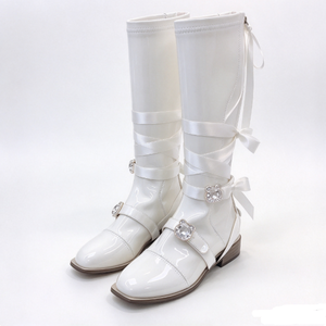 Bottes hautes en cuir verni pour femmes, à bout pointu, avec strass, talons, décorations de perles, bottines de soirée, chaussures habillées - Product Image 6