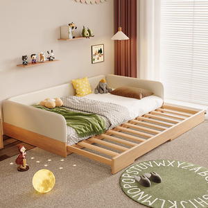 Letto per Bambini Estraibile Tatami, Letto per Bambini in Legno Resistente con Sponde di Protezione, Stile Minimalista, Set Letto per Bambini Estensibile in Pelle - Product Image 1