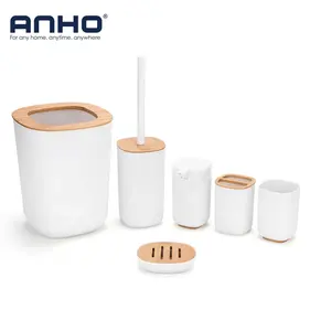 Six Pieces Plastic and Bamboo Bathroom Accessories Set