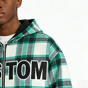 Sudadera con Capucha Personalizada 100% Algodón <span class=keywords><strong>para</strong></span> Hombre, Diseño Reversible de Franela Doble a Cuadros con Cremallera, Estilo Vintage Lavado a la Piedra, Moda Urbana - Product Image 2