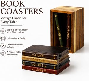 Ensemble de 5 sous-verres en bois en forme de livre avec support, tapis de table pour la décoration de table basse, accessoires de bar à domicile uniques, cadeau de pendaison de crémaillère - Product Image 4