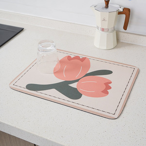 <b>Kitchen</b> Countertop Absorbent Mat 20x30cm 30x40cm Square Drain Placemat For Dish Drying Splashproof Yellow Green Flower Design - Product Image 2