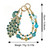 Lujoso Colgante de Pavo Real Teal con Cuentas, Cristales y Diamantes de Imitación, Llavero Dorado, Colgante para Teléfono, Joyería Hecha a Mano al por Mayor