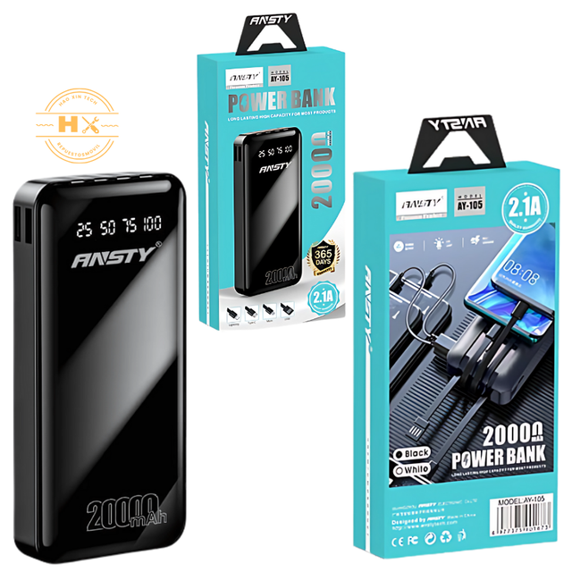 Ansty AY-105 20000mAh 20W Li-Polymer Power Bank with Cable USB Micro Type-C for iPhone Interface Black LED Display