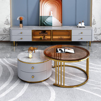 Ensemble de table basse ronde extensible moderne 2026 avec cadre en acier inoxydable et plateau en verre/marbre, tiroirs pour salon