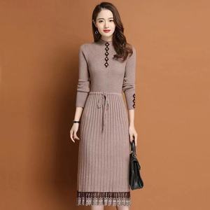 Huachao moda señoras vestido Casual Slim Fit mujeres suéter <span class=keywords><strong>de</strong></span> <span class=keywords><strong>punto</strong></span> sobre la rodilla <span class=keywords><strong>de</strong></span> <span class=keywords><strong>punto</strong></span> medio cuello vestido encaje suéter vestido para dama - Product Image 4