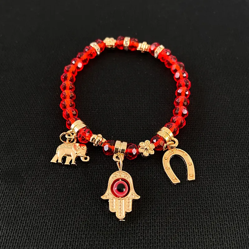 Gold Plated Flower Crystal Beads Handmade Bracelets Jewelry Adjustable Horseshoe Palm Elephant Pendant Evil Eye Bracelet