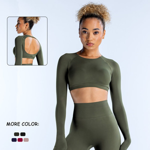 Conjuntos Deportivos para <span class=keywords><strong>Mujer</strong></span> de 2 Piezas, Ropa de Yoga de Manga Larga, Top Corto Acanalado sin Costuras, Leggings de Cintura Alta - Product Image 1