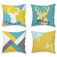 Coussin carré personnalisable en peluche de style nordique, design color-block bleu et jaune, géométrique minimaliste, décoratif pour dossier