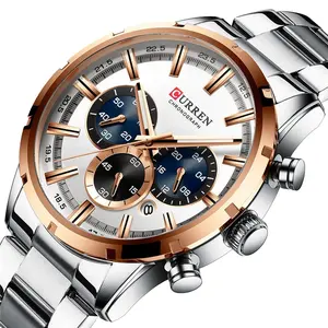 CURREN 8355 Fábrica Direto Nova Moda Relógios Reloj Relogio Prata Mostradores Cronógrafo Resistente À Água Aço Inoxidável Band Watch