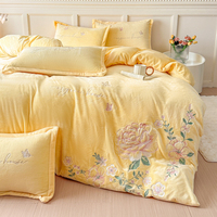 Ensemble de housse de couette en broderie florale 100% polyester, taille king populaire, 4 pièces, couleur jaune, linge de lit