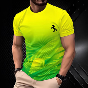Camiseta de Manga Corta para Hombre con Estampado de Caballo en Degradado Amarillo y Verde 3D, Corte Ajustado, Transpirable, de Poliéster Tejido, Estilo Urbano - Product Image 1
