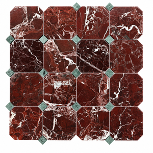 Carreaux octogonaux en marbre rouge avec accents de diamants verts, mosaïque en pierre polie pour mur intérieur, design classique - Product Image 1