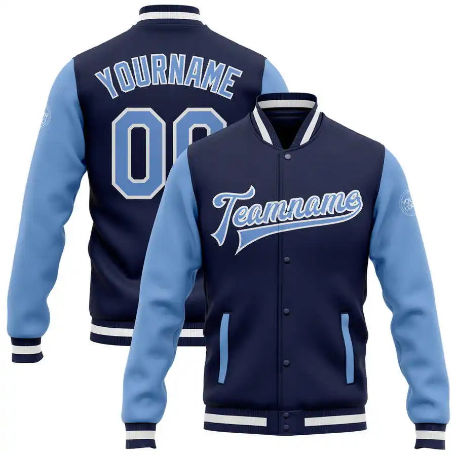 Chaqueta universitaria azul marino personalizada, ropa de béisbol retro, fabricación de botones, abrigos de invierno de talla grande