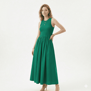 Robe longue maxi plissée unie à taille haute, sans manches, col rond, vert décontracté, pour femme, personnalisable OEM, idéale pour l'été - Product Image 3