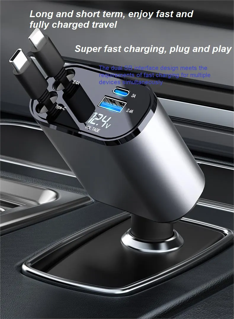 2024 Amazon hot selling 4in1 car charger type c usb with Led light for cell phone portable carry