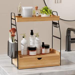 Organizador de Baño de 2 Niveles con Cajón y Cesta, Bandeja de Madera para Tocador, Accesorios para Estante de Encimera - Product Image 1