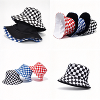 Topi Nelayan Kotak-kotak Hitam Putih Custom dengan Logo Cetak Penuh, Topi Bucket Bolak-balik, Topi Bucket Bordir Custom untuk Pantai