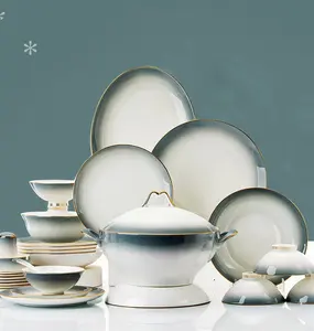 Jingdezhen Ceramic Tableware 60 Pcs Bowls Plate Pot Gradient Gray Bowl Plate Porcelain Dinnerware Sets Wholesale