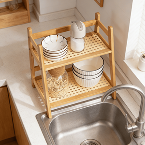 Étagère de rangement de cuisine à 2 niveaux en <span class=keywords><strong>bambou</strong></span> naturel Addreen, organisateur de comptoir multi-niveaux avec étagère en <span class=keywords><strong>rotin</strong></span> tressé - Product Image 2
