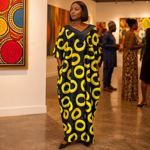 Robe longue décontractée d'été pour <span class=keywords><strong>femme</strong></span>, style <span class=keywords><strong>boubou</strong></span> kaftan, imprimé africain Ankara, col en V, coupe ample, avec écharpe – Collection 2026 (vente en gros) - Product Image 3