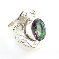 Bague en argent vintage bohème avec topaze mystique arc-en-ciel, anneaux de guérison en cristal, style classique en vermeil pour fêtes