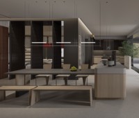 Îlot de cuisine italien de luxe moderne avec comptoir en quartz artificiel et ensemble complet d'armoires de cuisine en bois pour appartement, avec charnières