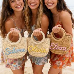 Personalized Straw <b>Bag</b> for <b>Bridesmaid</b> <b>Gift</b>, Summer Fashion Travel Beach Handbag, Custom Name Basket, Bachelorette Party Favors - Product Image 3