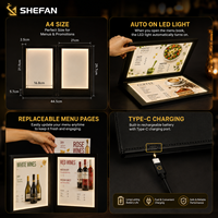 Menu numérique de luxe rechargeable à LED, format A4, pour restaurant, avec couvertures en cuir PU, alimentation électrique