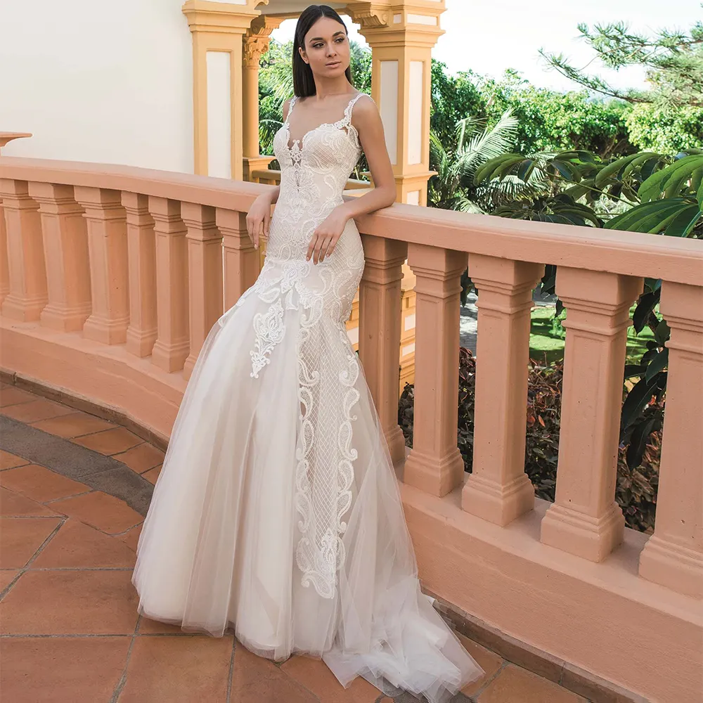 O collo con spalle scoperte Illusion Button abiti da sposa a sirena gilet staccabile Appliqued 2021 nuovi abiti da sposa lunghi fino al pavimento