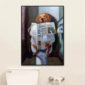 Nordic Bathroom Decor Cute Posters Prints Funny Dog Toilet Reading Paper painting wall art for bathroom