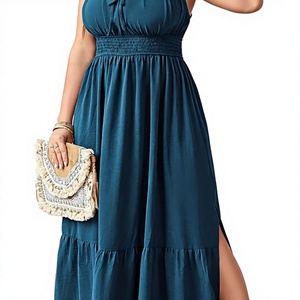 Women's <b>Boho</b> Maxi <b>Dress</b> Strapless A-Line Elastic Waist Viscose Solid Color Layered Hem Slit Loose Fit <b>Summer</b> Casual <b>Dress</b> - Product Image 4