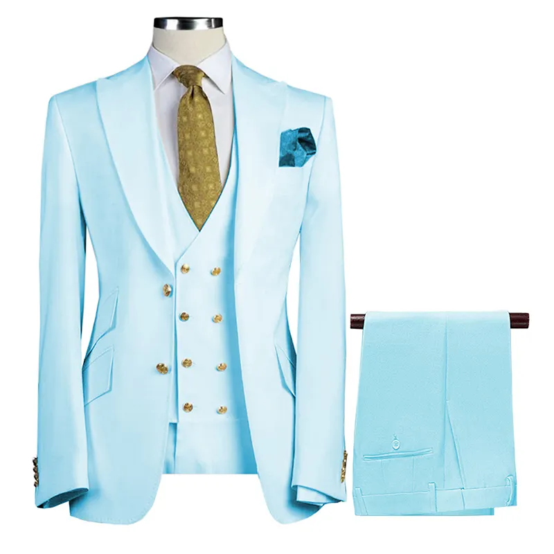 Italian Men'S Suits & Blazer Vest Suit Business Best Man 3 Pieces Light Blue Suit Groom Prom Groomsmen Blazer For Wedding