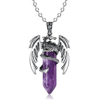 Collier pendentif rétro hexagonal naturel à double pointe, motif pterosaure et dragon, avec placage électrolytique, vente en gros