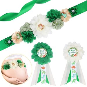Kit de ceinture de maternité et de déguisement pour baby shower Thème <span class=keywords><strong>Dinosaure</strong></span> Vert 'Hatching Soon' avec ceinture de ventre et épingles de corsage pour future maman et future <span class=keywords><strong>papa</strong></span> - Product Image 1