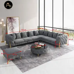 Lüks kanepe set mobilya kumaş chesterfield kanepe L şekli İtalyan modern tarzı ev mobilyaları oturma odası köşe koltuk takımı