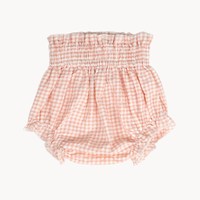 Vêtements pour bébé fille en vente flash, monogramme, 100% coton, tissu seersucker, chemisier à col Peter Pan, ensemble de bloomers, tenue à carreaux pêche