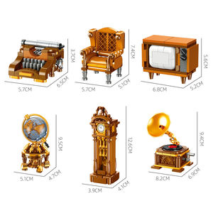 Ensemble de 6 blocs de construction rétro : machine à écrire, canapé, téléviseur, globe terrestre, horloge de grand-père, gramophone – DIY, motricité fine, décoration intérieure, cadeau STEM pour enfants - Product Image 6