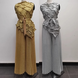 Ultima moda donna taglie forti abito stile abbronzante Boutique senza maniche <span class=keywords><strong>top</strong></span> irregolari e pantaloni a pieghe a gamba larga Set 2 pezzi - Product Image 2