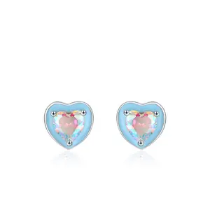 OEM designer colored valentines day mini aquamarine earring girls zircon silver 925 sorority enamel bling heart earrings